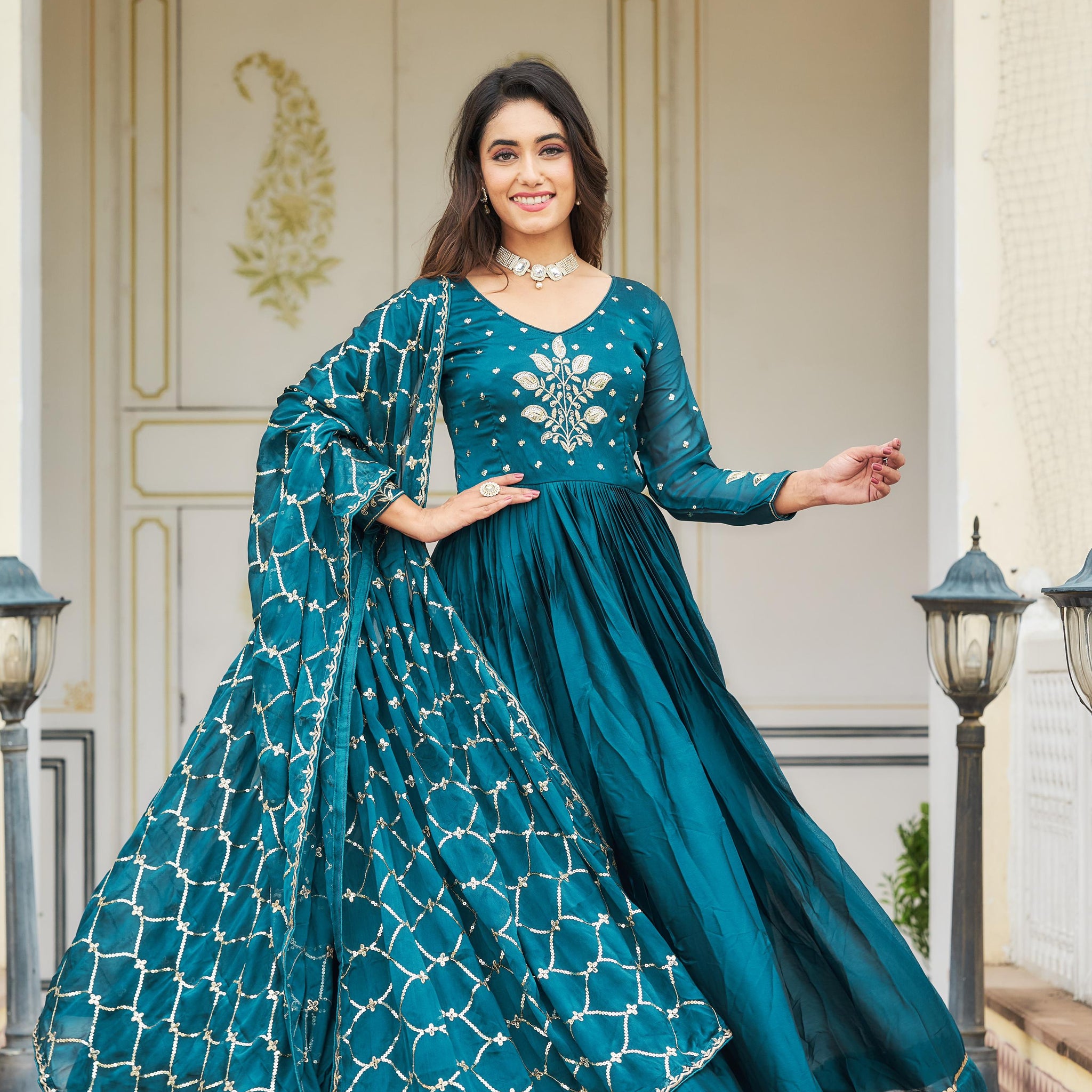 Turkish Blue Anarkali With Embroidery dupatta (set of 2)