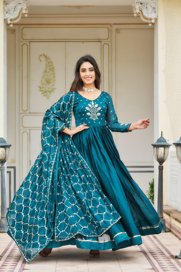 Turkish Blue Anarkali With Embroidery dupatta (set of 2)