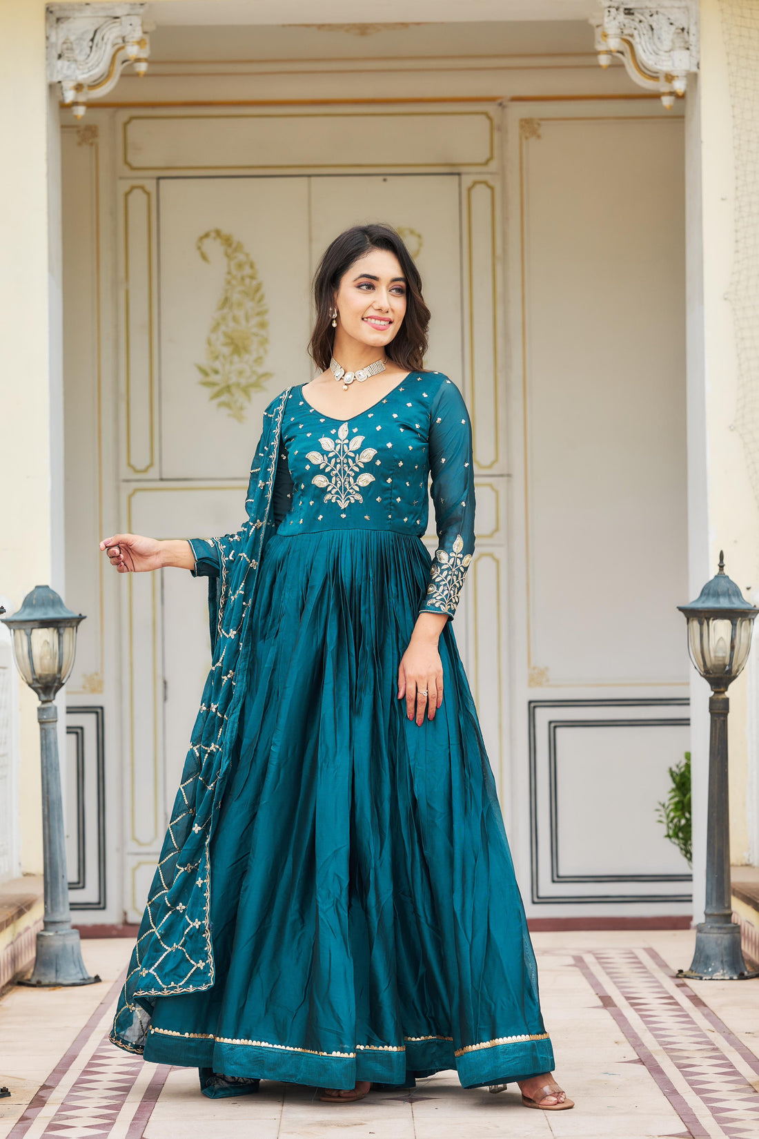 Turkish Blue Anarkali With Embroidery dupatta (set of 2)