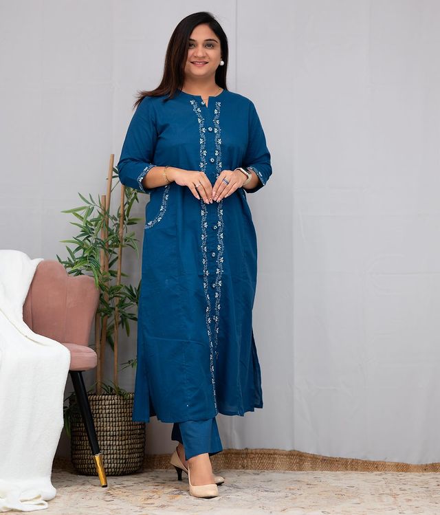 Blue solid with embroidery regular wear (Set of 2)