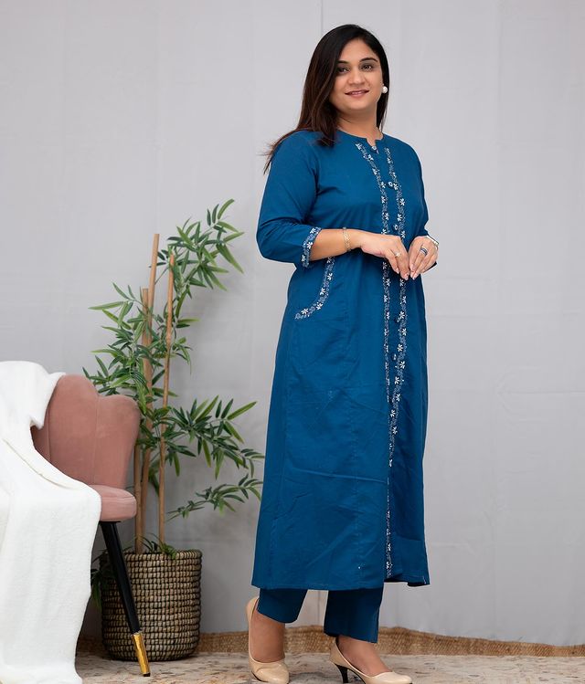 Blue solid with embroidery regular wear (Set of 2)