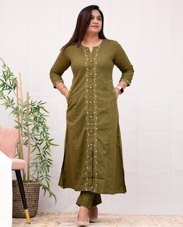 Mehndi Green solid with embroidery regular wear (Set of 2)