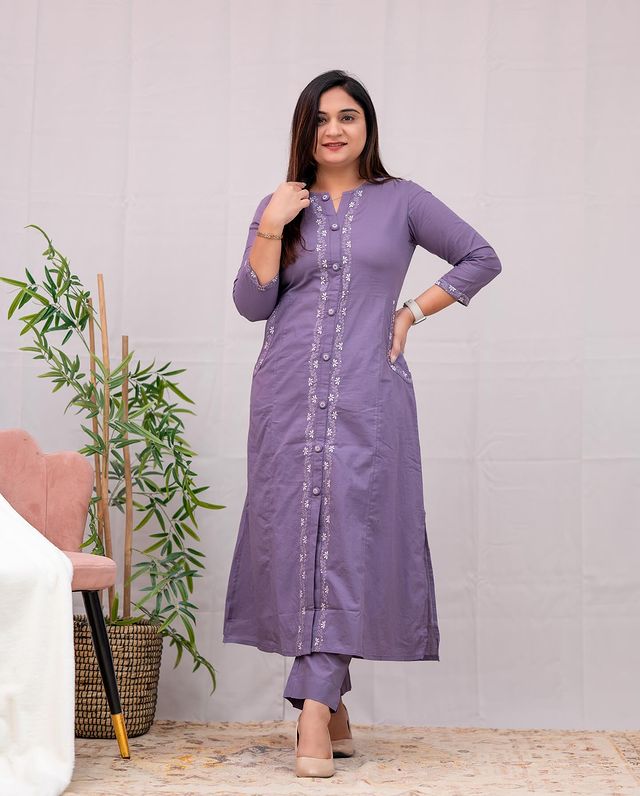 Lavender solid with embroidery regular wear (Set of 2)