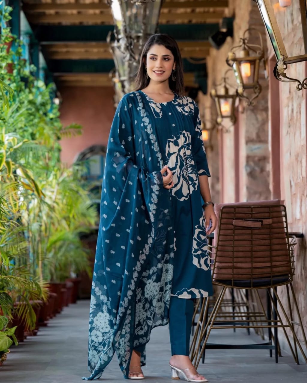 Beautifully Decorated With Printex Weaving And Prints It Is Paired With Matching Pants And Lace Dupatta