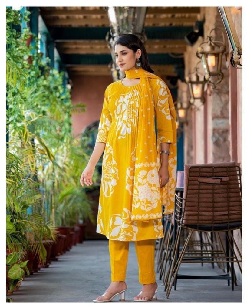 Beautifully Decorated With Printex Weaving And Prints It Is Paired With Matching Pants And Lace Dupatta